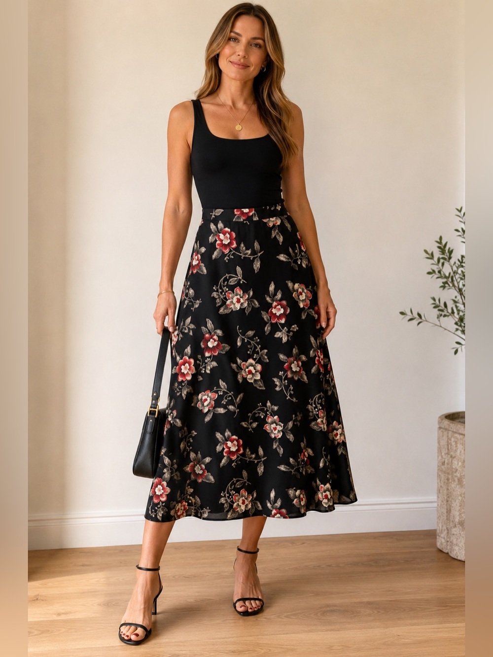 100% Silk A-Line Midi Skirt Dark Floral